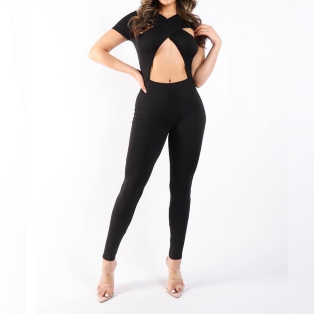 Crossed Front Detailed Black Jumpsuit